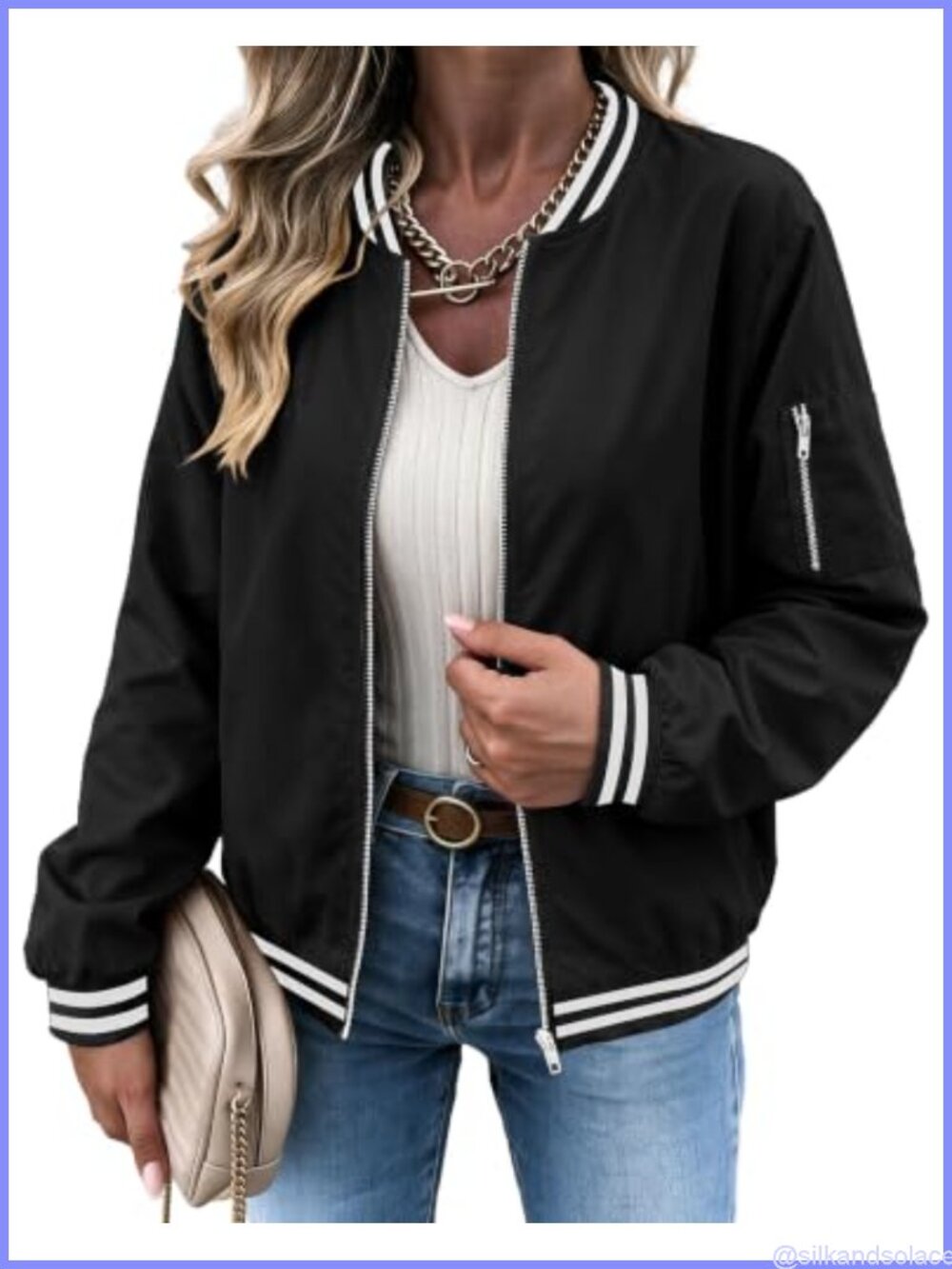 Women Bomber Jacket Casual Lightweight Zip Up Long Sleeve with Pockets